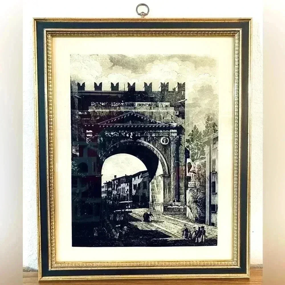 Vintage MCM Turner Hand Colored Italian Scene Glass in Frame 2 Set